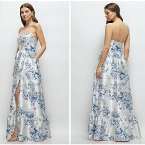 Dessy Collection Floral Strapless Boned Bodice Ruffle Hem Blue/White Maxi Dress